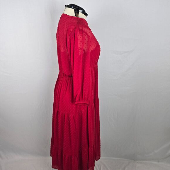 Torrid Dress Women's 0X 12 Red Midi Dot Chiffon Cottagecore Lagenlook 3/4 Sleeve - Picture 9 of 13